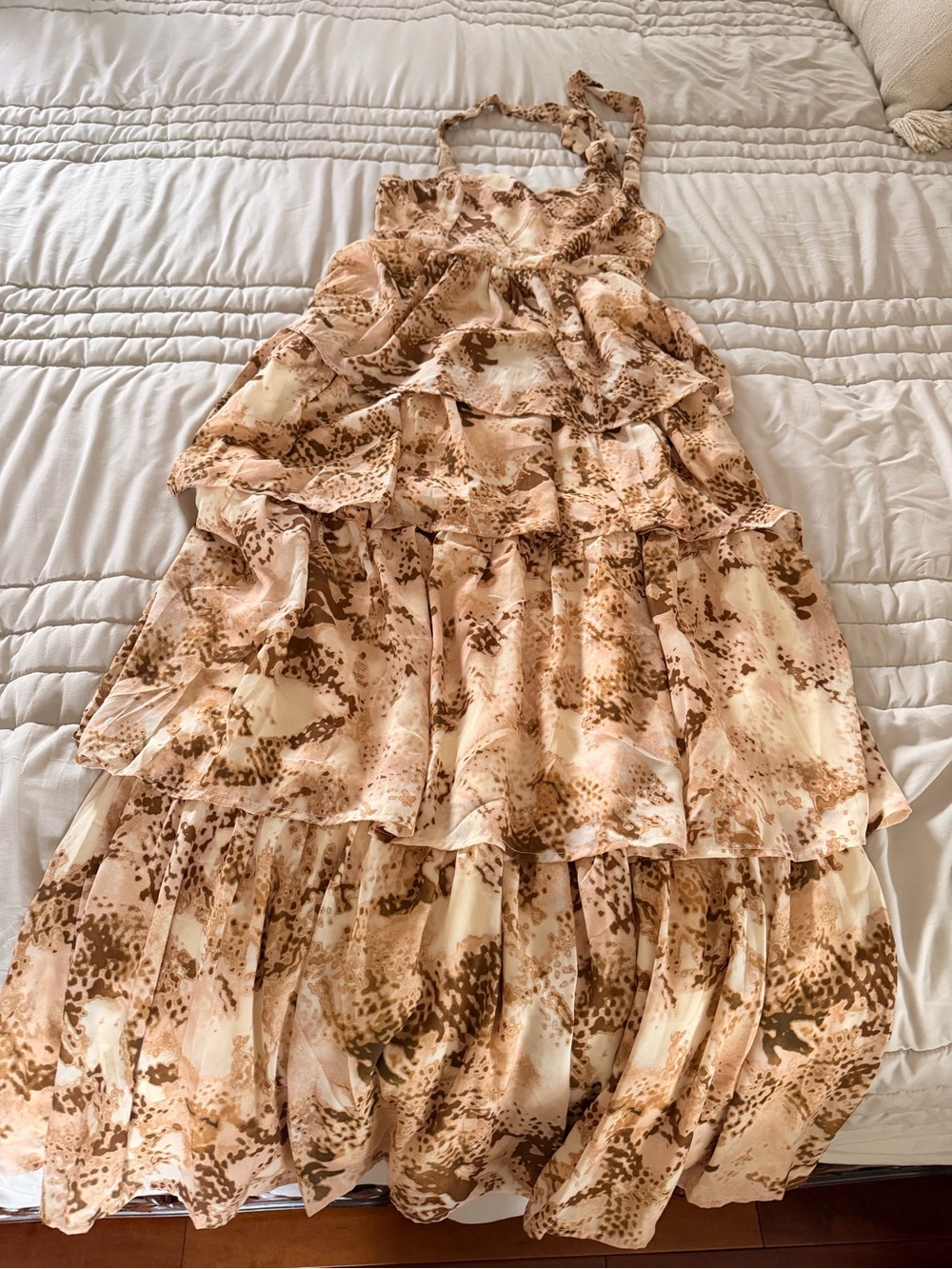 Flying Tomato Tiered Ruffle Dress in Beige and Brown Print